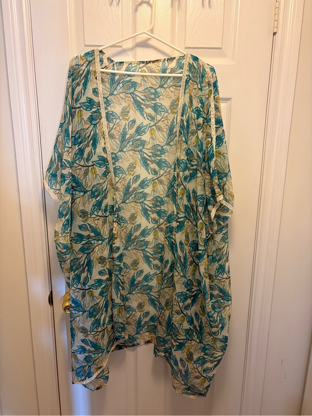 Handmade Lightweight Teal Leaf Print Open Cardigan